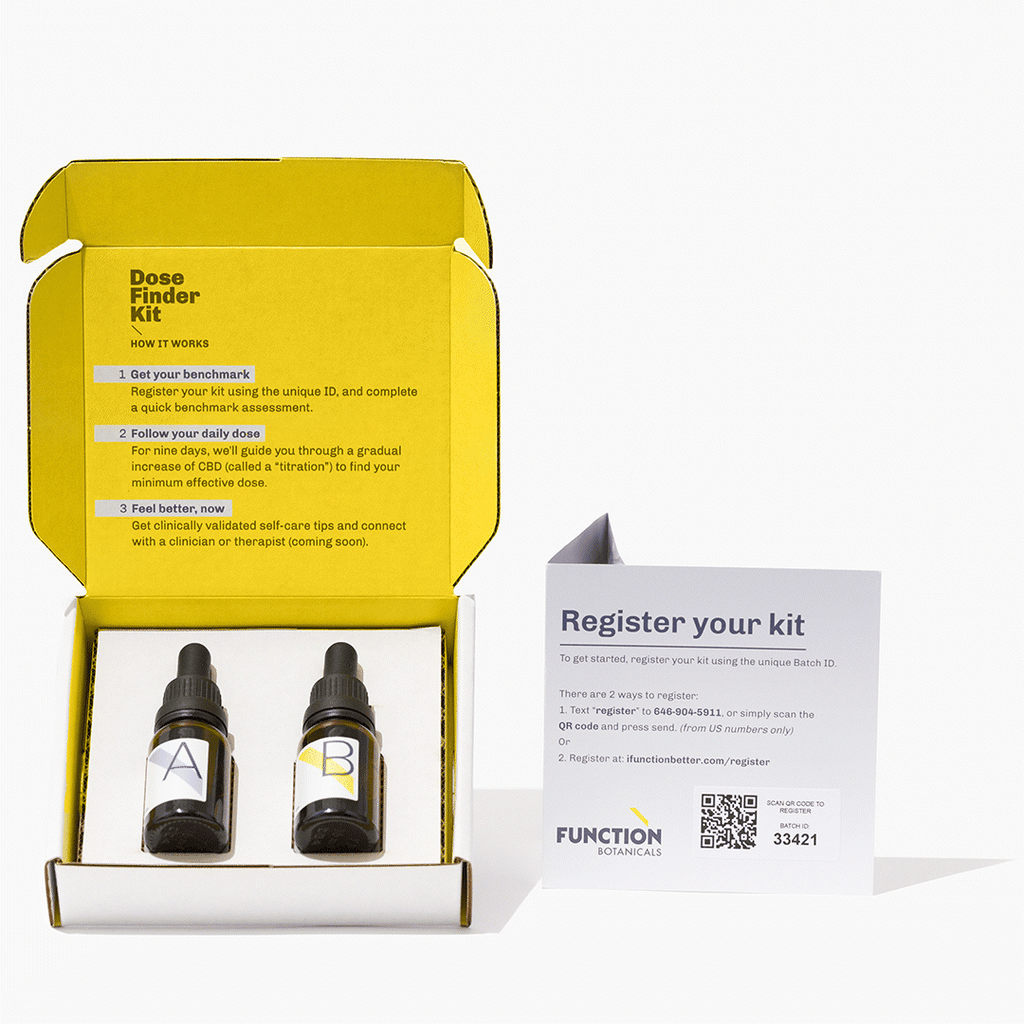Dose Finder Kit box with 2 CBD tincture bottles and instructions to begin your dosage protocol